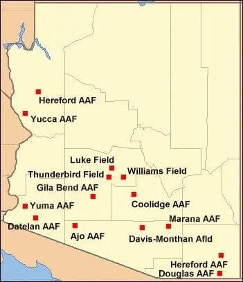 U.S. military bases in Arizona displayed on a map of the state.