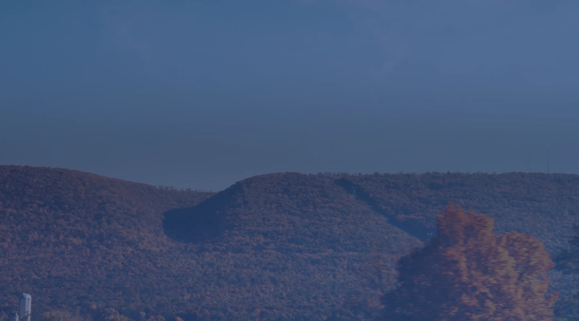 A wooded ridge beneath a blue dusk sky