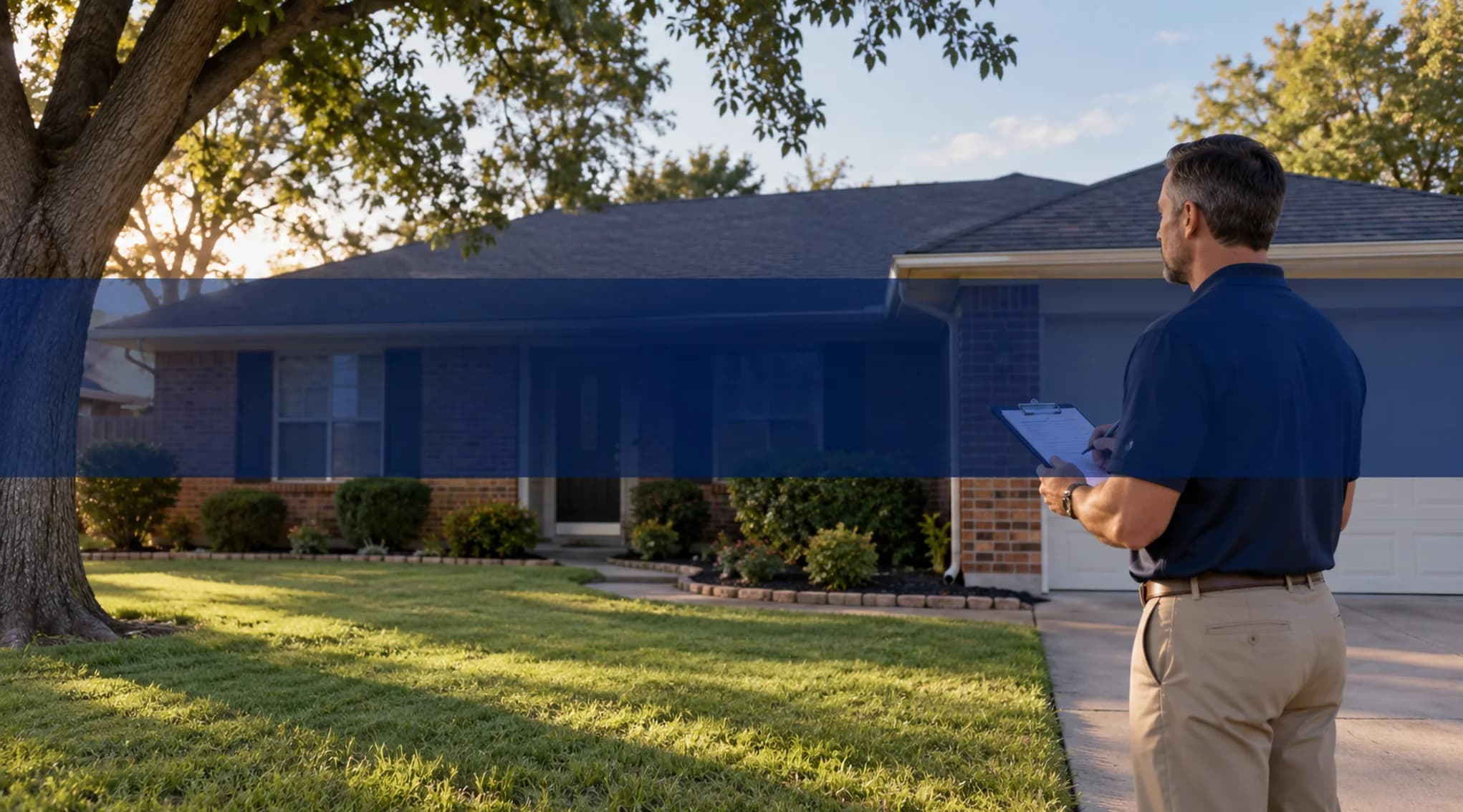 AI-generated scene of a home appraiser with a clipboard outside a single-story brick ranch home