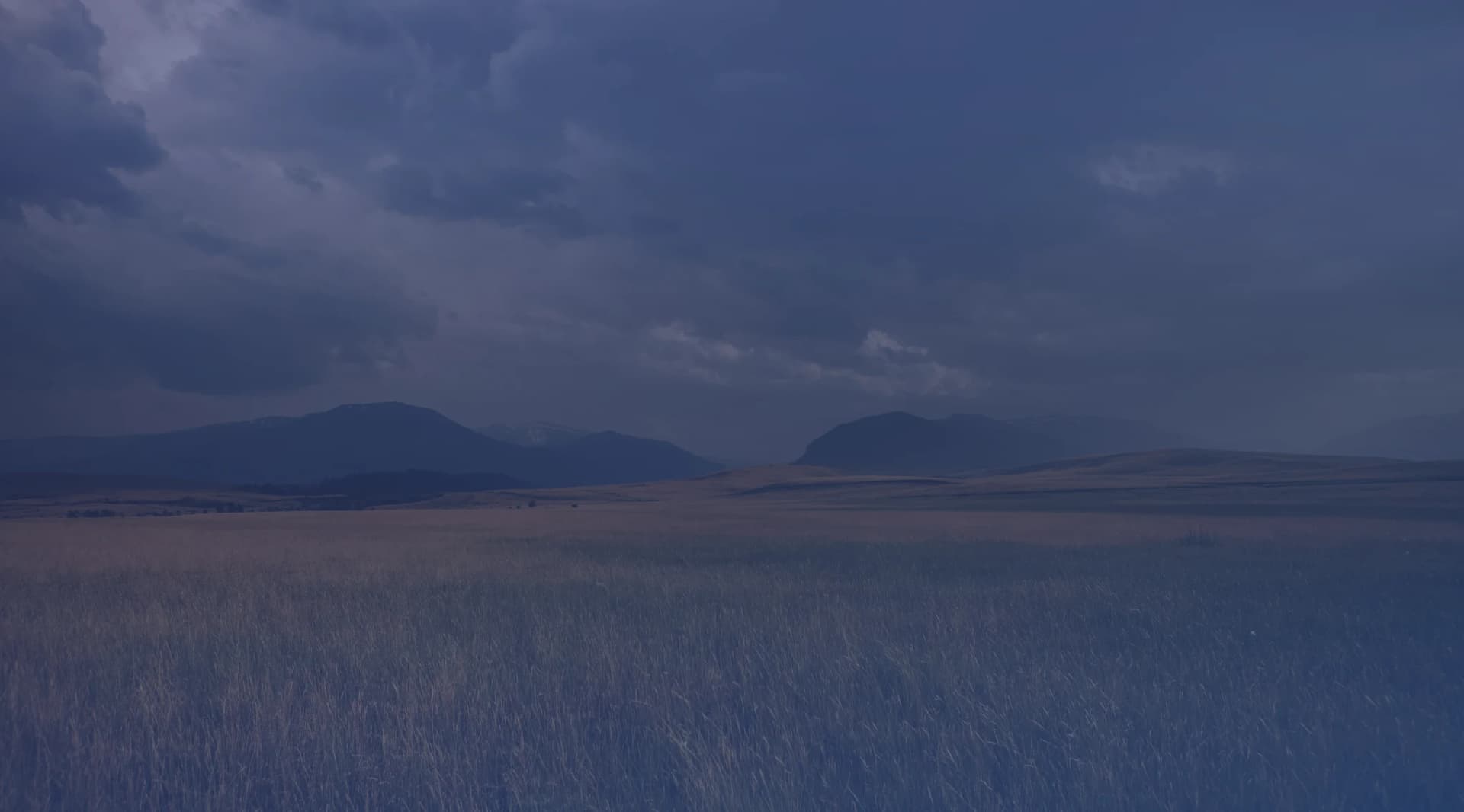 Golden high-plains grassland stretching toward mountain foothills under a dramatic big-sky cloudscape in southeast Wyoming