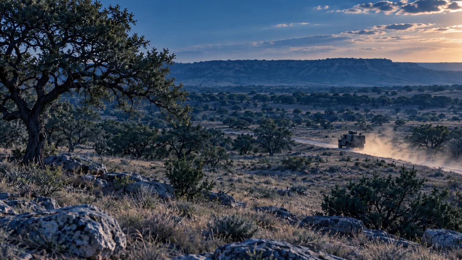 Illustration of a military vehicle crossing dry Texas training terrain with live oak trees