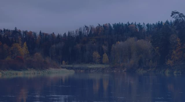 A calm river reflects a forested far bank dotted with autumn color under a soft, overcast sky.