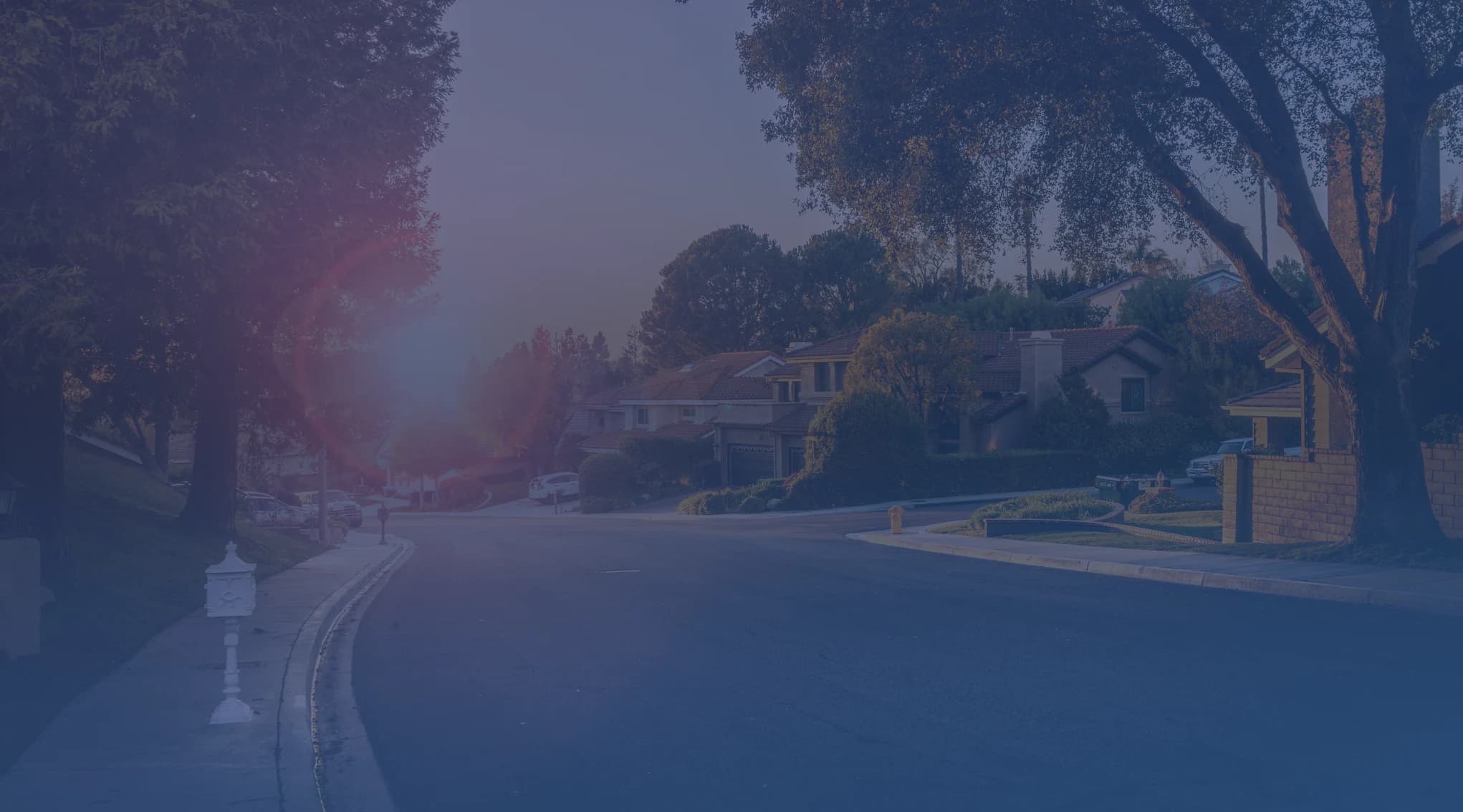 A quiet, tree-lined suburban street with two-story homes in warm evening light