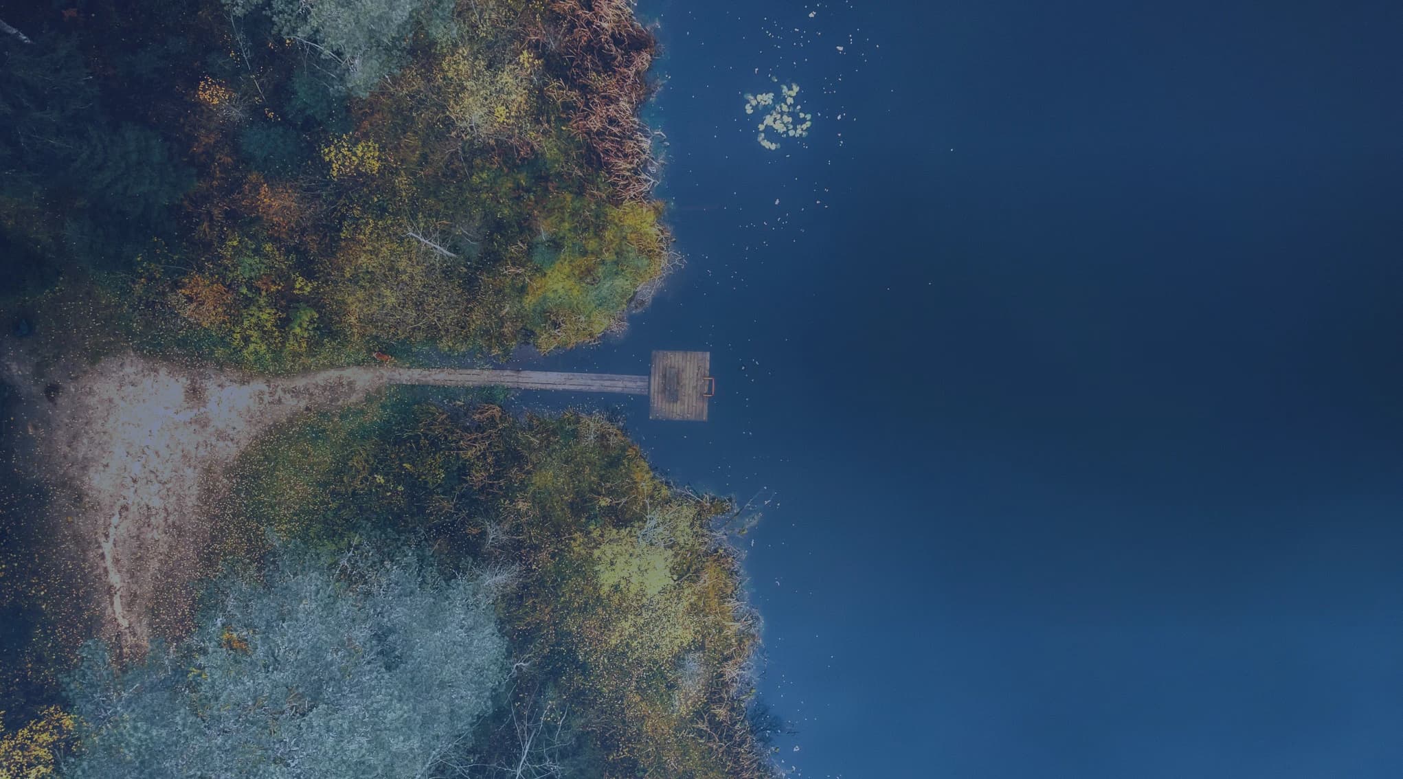 An overhead view of a dark, calm lake meeting a wooded shoreline, with a small dock and trees turning autumn colors.