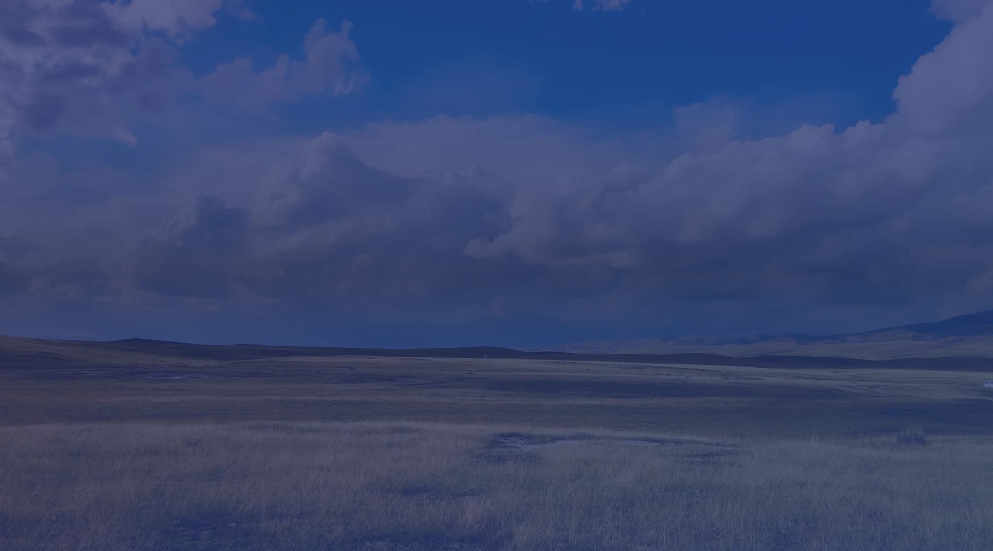 Wide open grassland rolls toward low hills on the horizon under a big sky filled with white clouds.