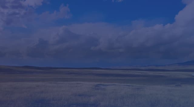 Wide open grassland rolls toward low hills on the horizon under a big sky filled with white clouds.