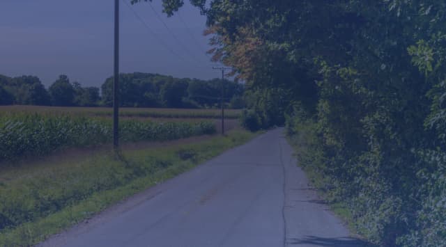 A quiet country road runs past a green field and leafy roadside trees under a blue sky.
