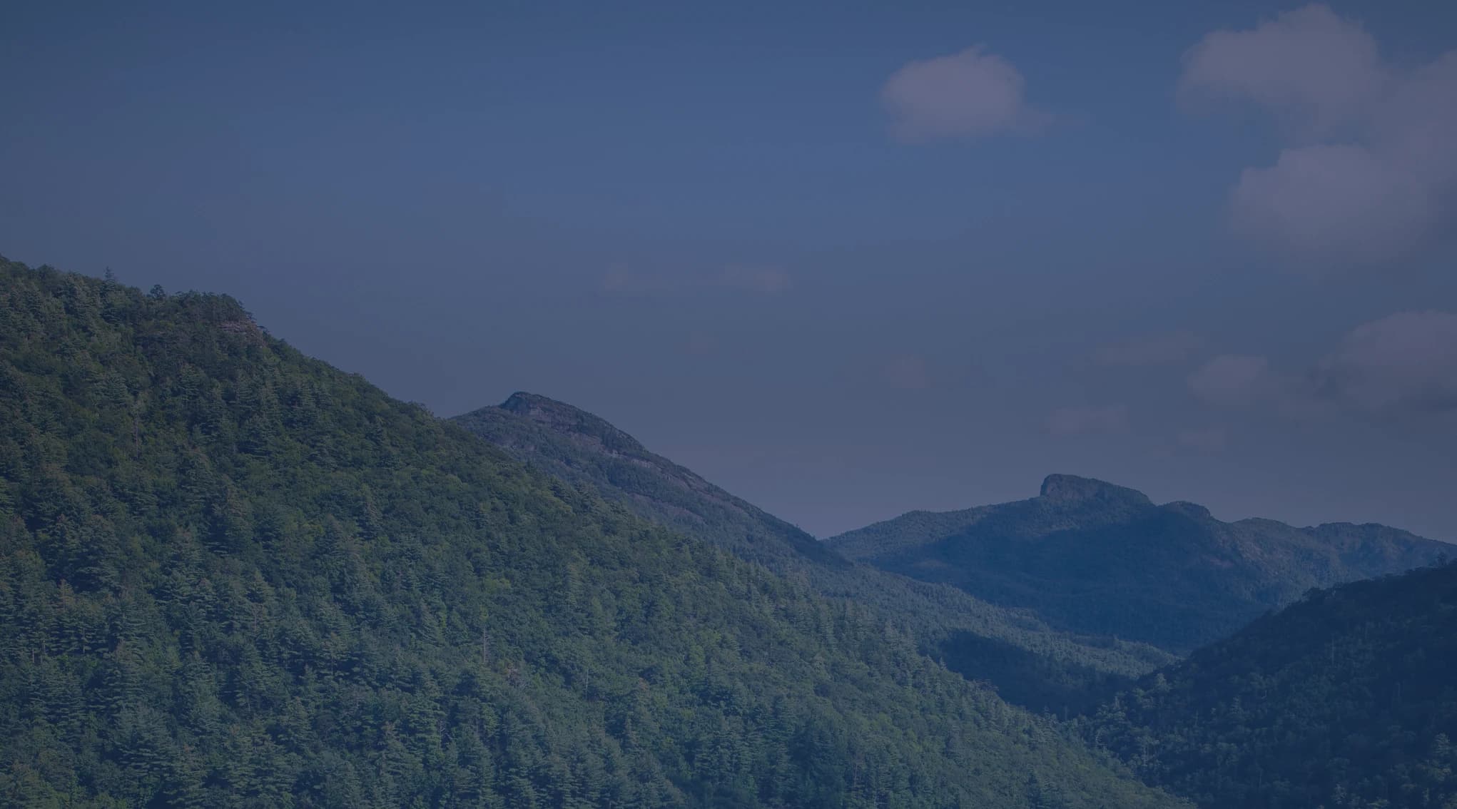 Forested ridges and distant peaks of the Blue Ridge Mountains at Linville Gorge in North Carolina.