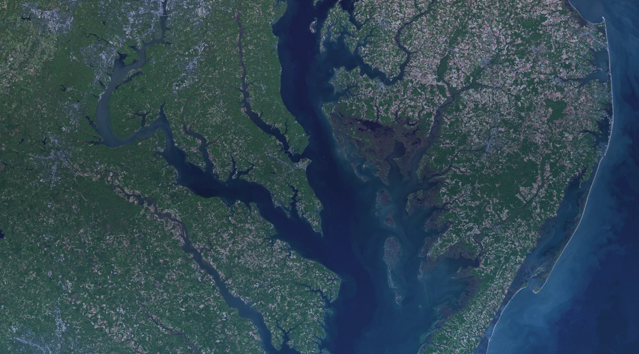 Aerial view of the Chesapeake Bay and the Delmarva Peninsula, near Aberdeen Proving Ground in Harford County, Maryland