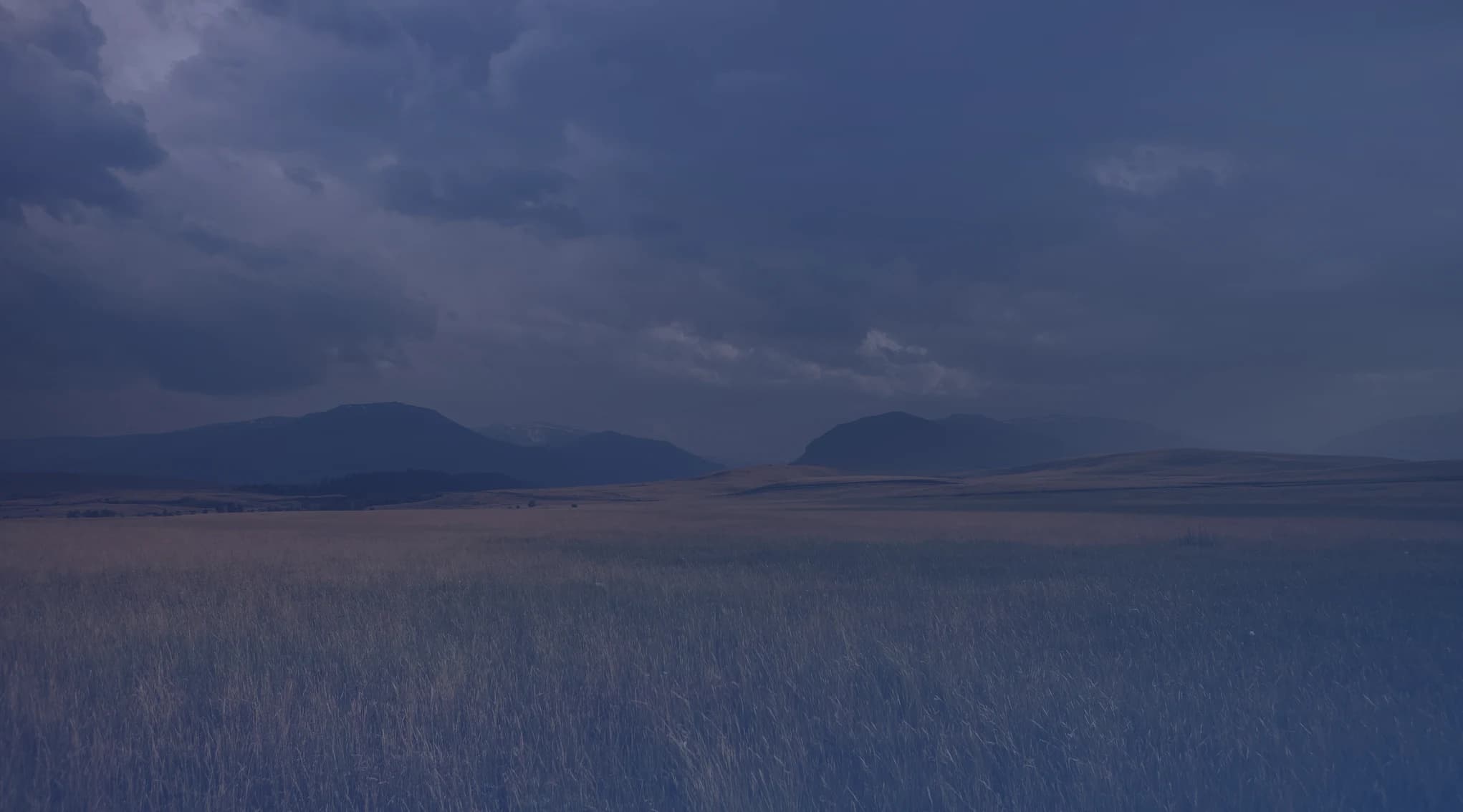 Golden high-plains grassland stretching toward mountain foothills under a dramatic big-sky cloudscape in southeast Wyoming