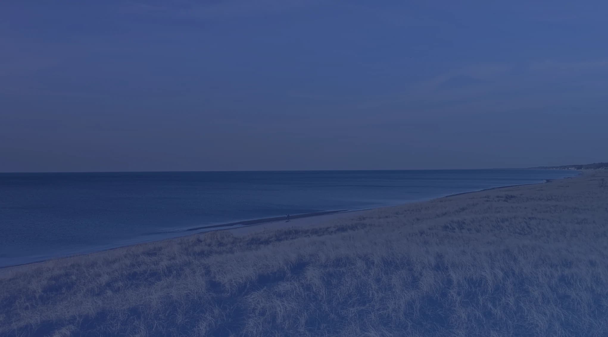Lake Michigan shoreline with dune grass stretching toward a calm horizon, near Naval Station Great Lakes in North Chicago, Illinois