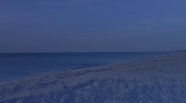 Lake Michigan shoreline with dune grass stretching toward a calm horizon, near Naval Station Great Lakes in North Chicago, Illinois