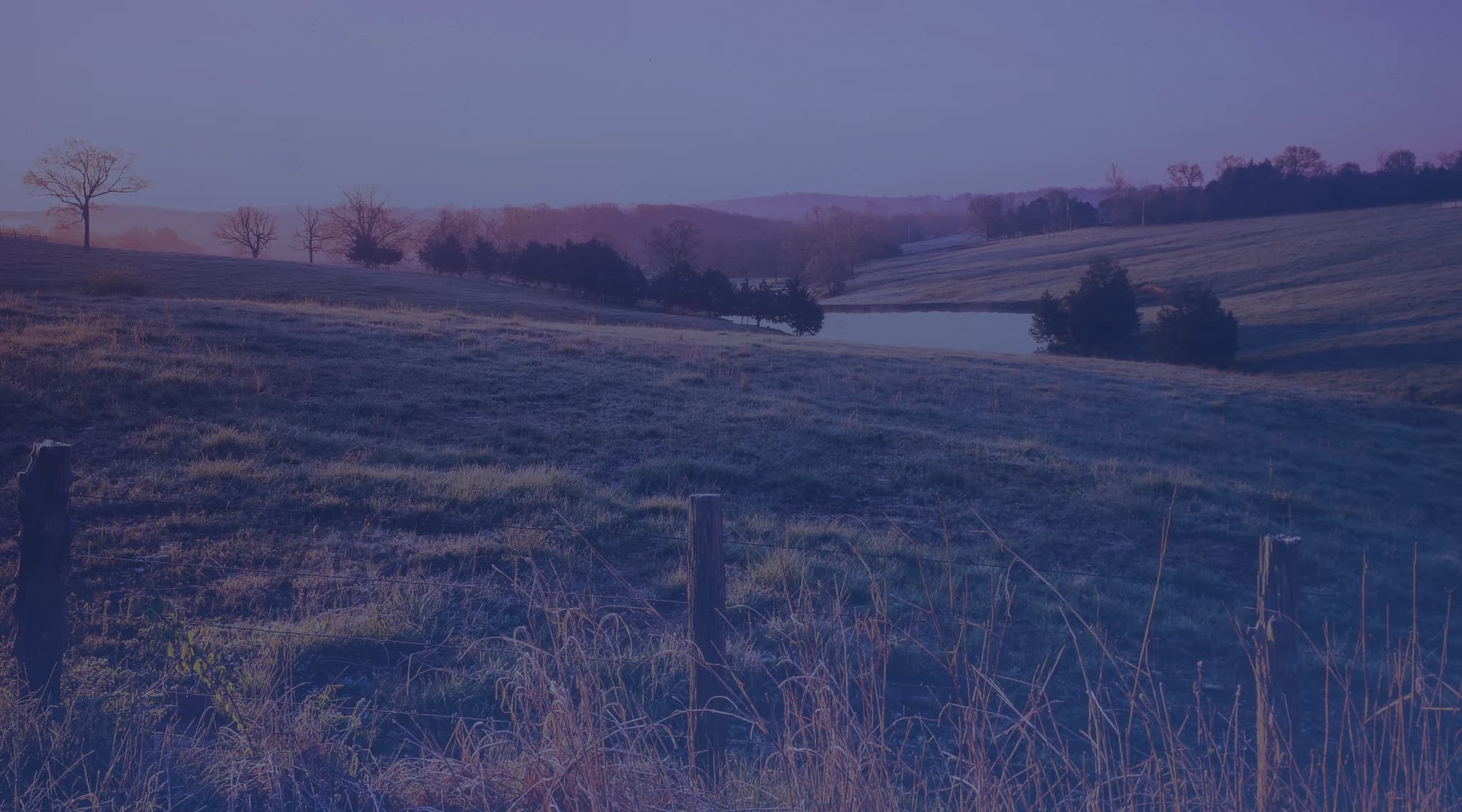Rolling Missouri pastures at dawn, with a small pond, fence posts, and open farmland typical of the countryside near Whiteman Air Force Base
